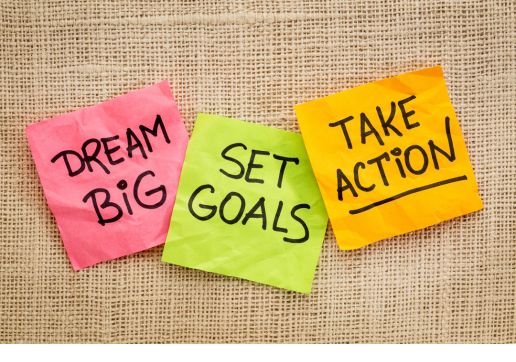 Image of three messages: Dream big, Set goals, Take action.