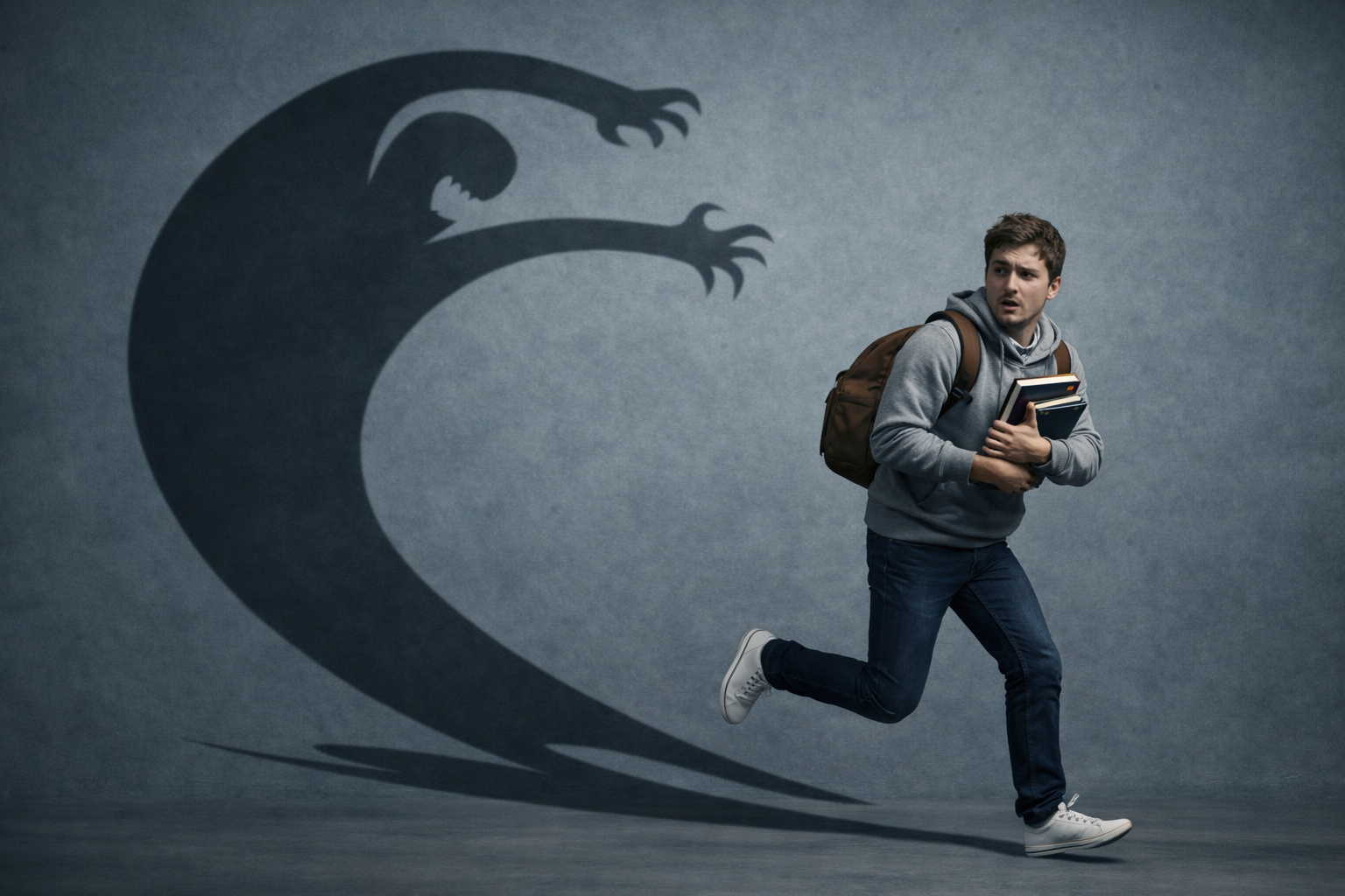 Študent z nahrbtnikom beži pred strahom, ki je upodobljen kot grozeča senca