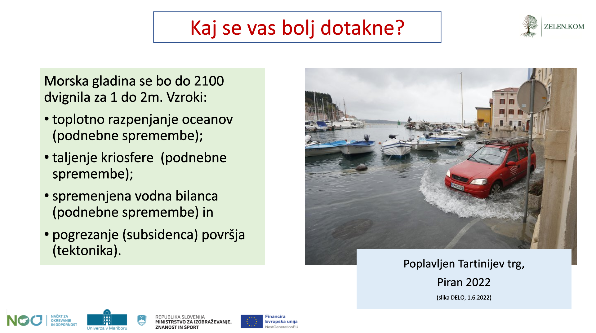Utrinek predstavitve o tem, katere informacije o posledicah podnebnih sprememb se nas bolj dotaknejo.